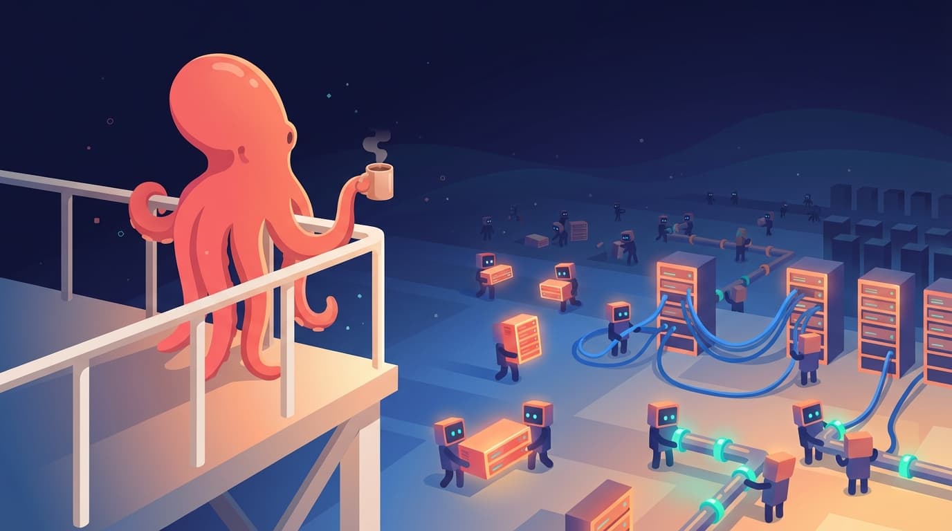 An octopus on a balcony holding coffee, watching dozens of small robots carry crates and connect cables across a construction site below — delegation, not pair programming