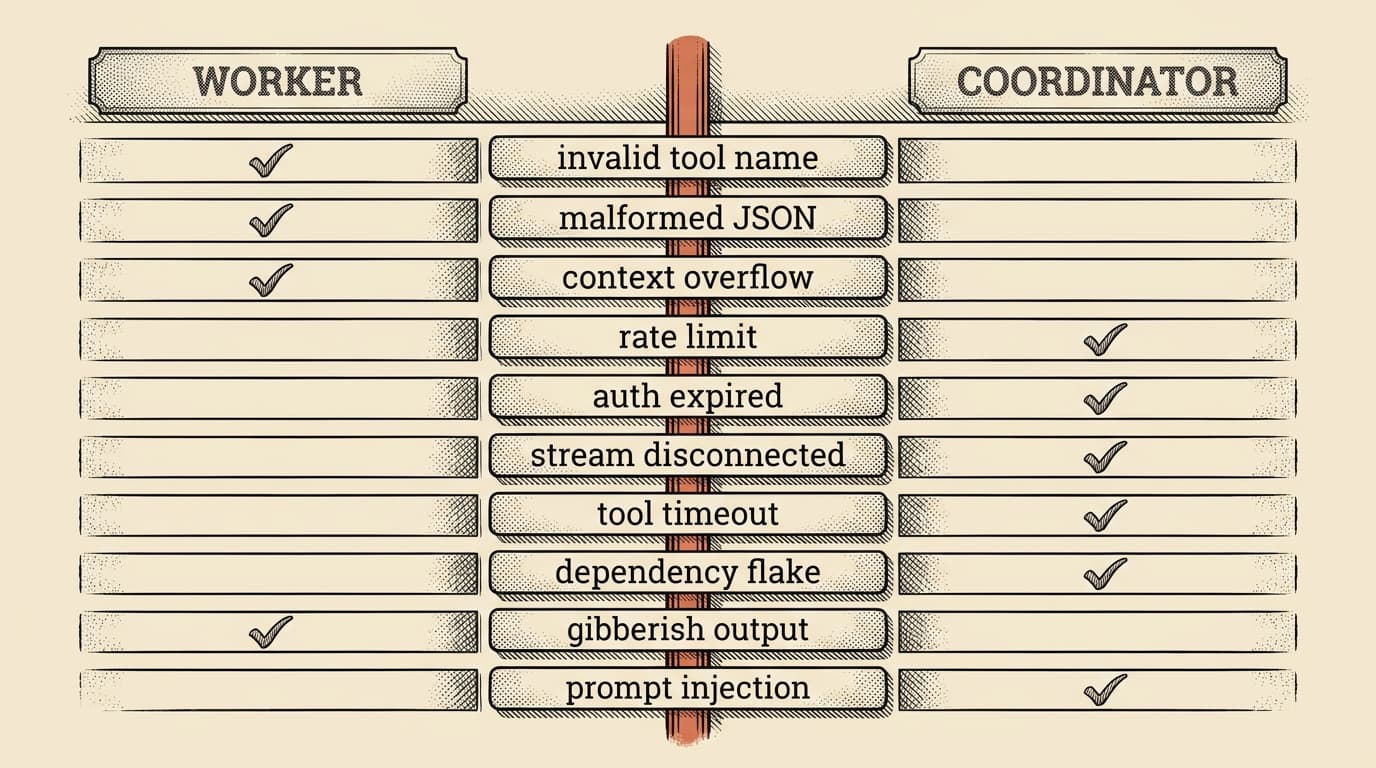 Intaglio engraving on cream paper: a two-column table. The left column is labeled WORKER and the right column is labeled COORDINATOR. Ten row labels down the center list failure names as small tag rectangles: invalid tool name, malformed JSON, context overflow, rate limit, auth expired, stream disconnected, tool timeout, dependency flake, gibberish output, prompt injection. Each row has a checkmark in exactly one column. The vertical separator line between the two columns is rendered in terracotta, focal to the image.
