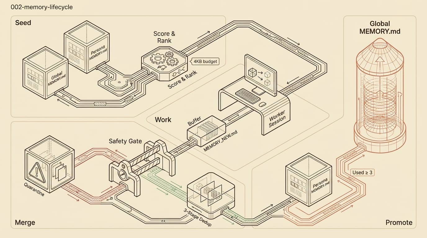 Memory lifecycle: seed scoring → safety gate → correction detection → auto-promotion to global
