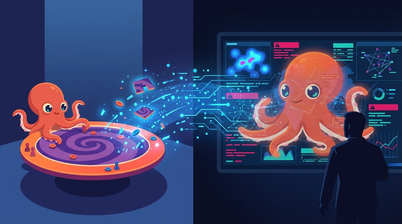 An octopus at a terminal reviewing war game data