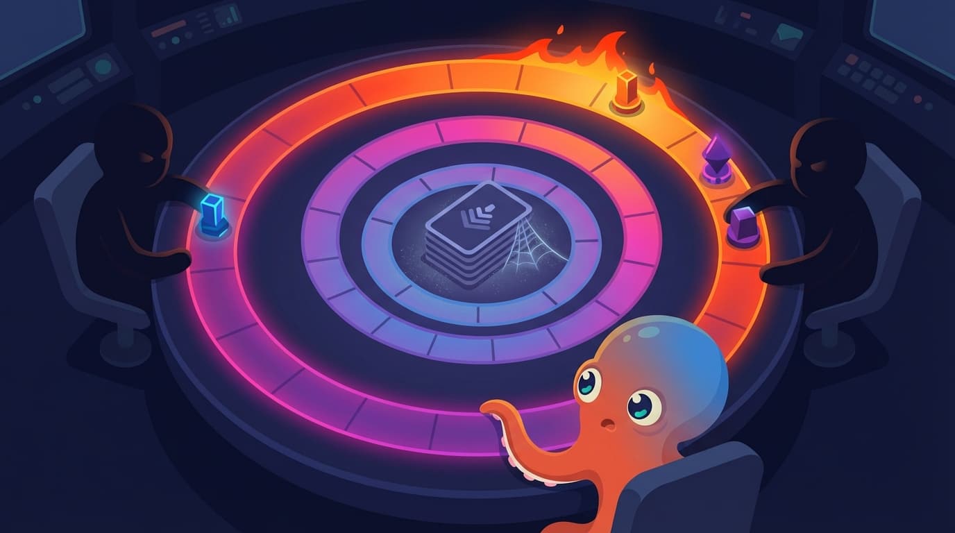 An octopus mascot watches an escalation ladder