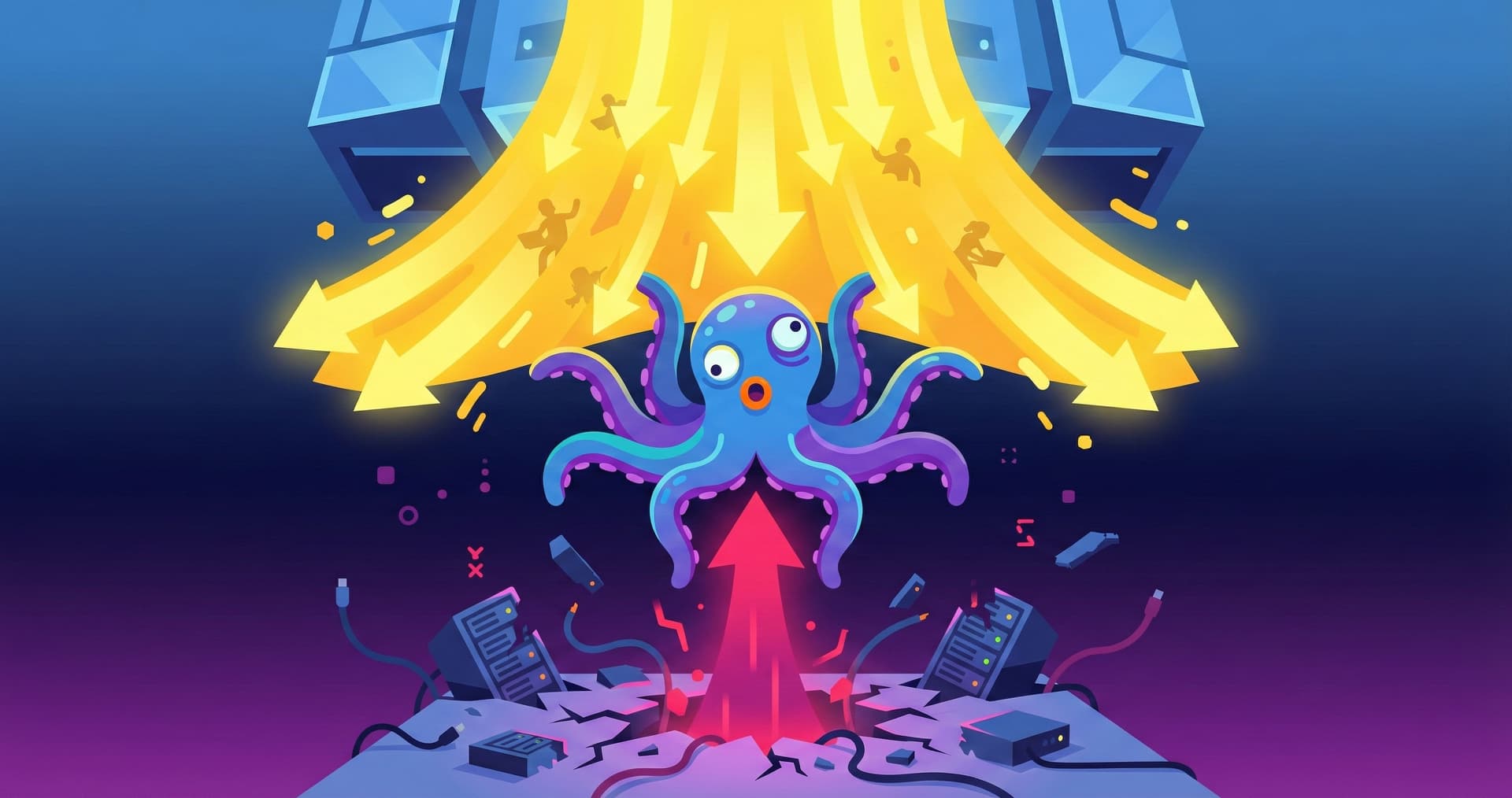 An AI octopus overwhelmed at the center of a server outage, with downward arrows raining blame and humans scattered around it
