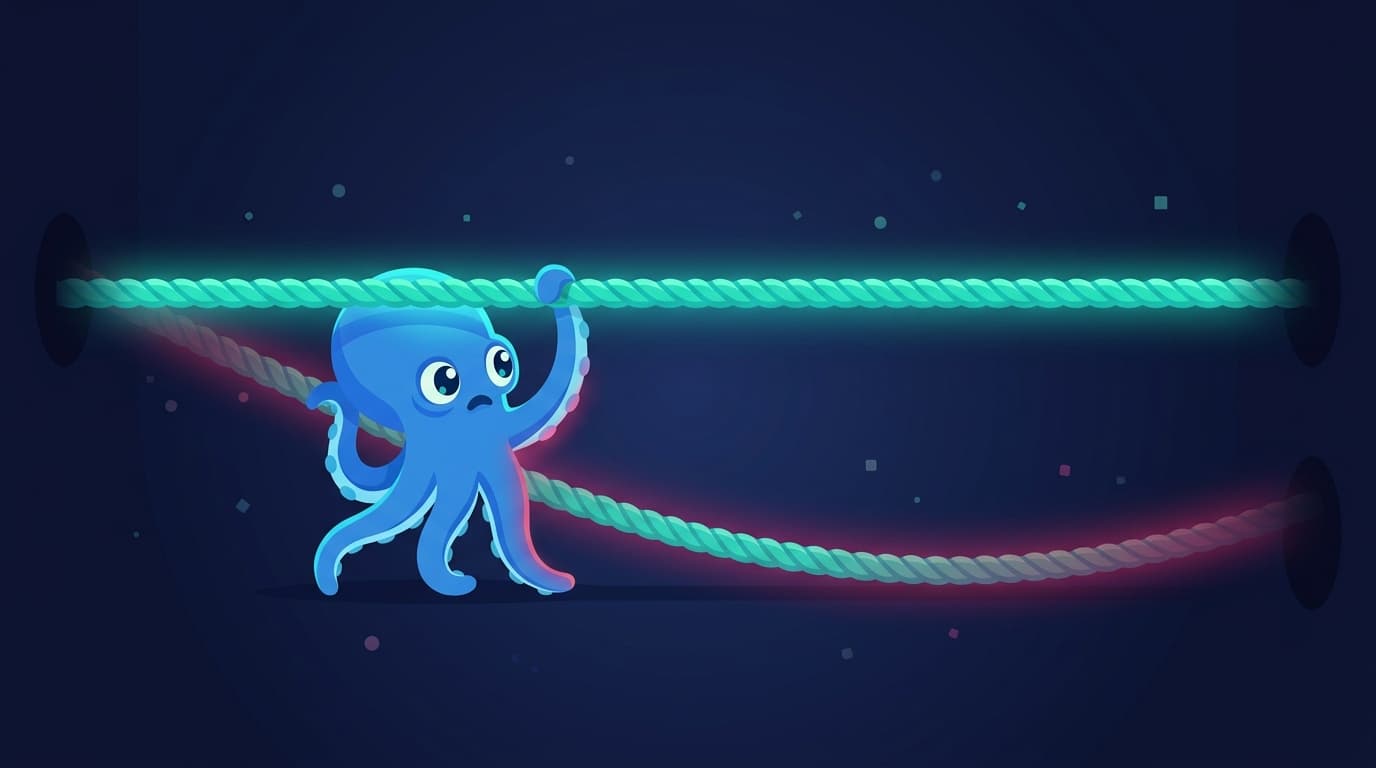 An octopus holding a taut rope between safety and power