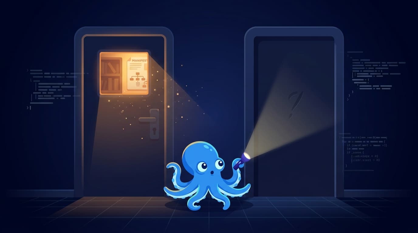 Two massive sealed doors stand in a dark void — the left door glows with a warm window hinting at the lineage within, the right door is completely blank and featureless. The octopus mascot, electric blue with uncertainty, stands between them holding a flashlight aimed at the unknown.