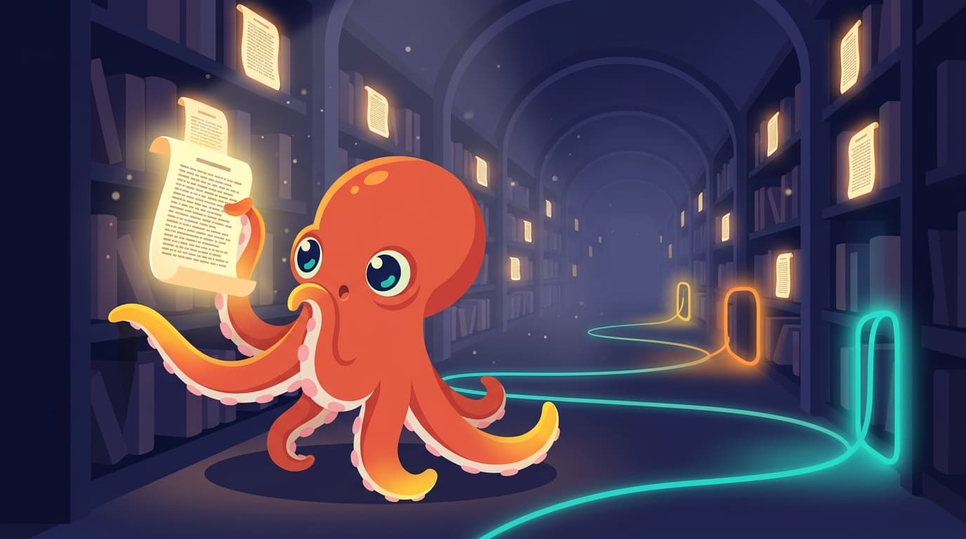 The octopus mascot in a deep archive corridor, holding a glowing manifest document close to its eye. A teal luminous thread traces the plugin lineage across three shelf positions receding into the darkness behind it.