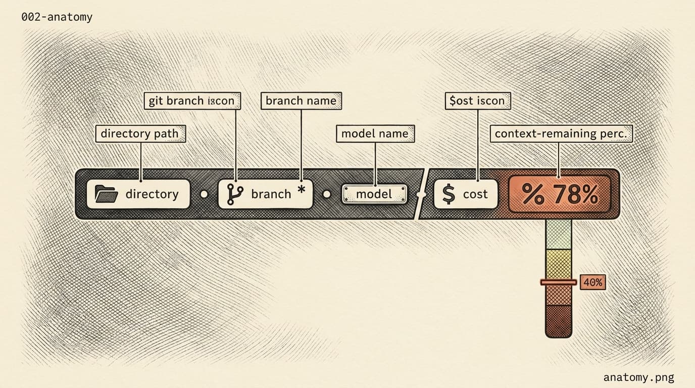 Intaglio engraving: a horizontal anatomy diagram of the status line. A single terminal row in the center with five segments (folder icon, git branch, model name, cost, context percentage, rate-limit bars). Each segment has a small annotation tag above or below describing what it shows. The context percentage segment is rendered in terracotta as the focal element.