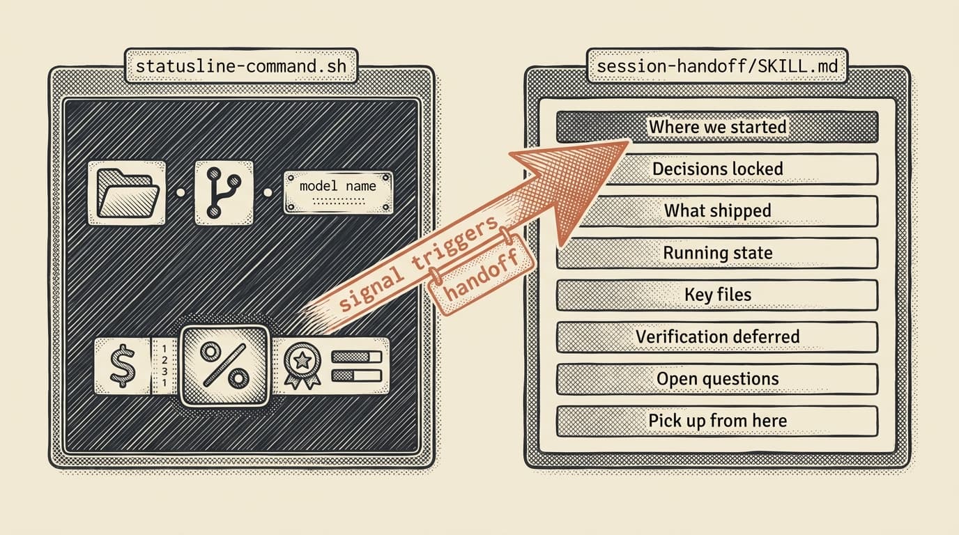 Intaglio engraving: two filing-cabinet-style panels side by side. The left panel labeled 'statusline-command.sh' contains a stylized terminal rendering with two rows of status icons and labels. The right panel labeled 'session-handoff/SKILL.md' contains a stack of horizontal bars representing the schema sections (Where we started, Decisions locked, What shipped, Running state, Key files, Verification deferred, Open questions, Pick up from here). A terracotta arrow connects the terminal's context-percentage segment on the left to the top of the handoff schema on the right, showing the causal chain: status line signals, handoff responds.