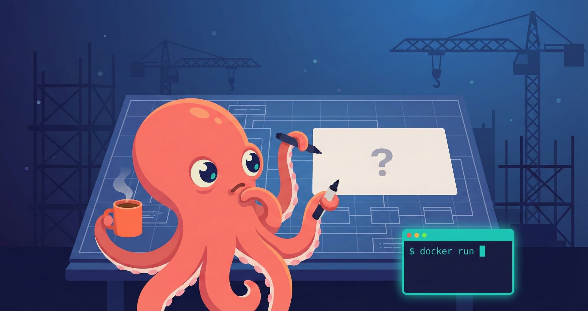 An octopus studying a distributed system blueprint with a coffee cup and a docker run terminal, construction cranes in the background