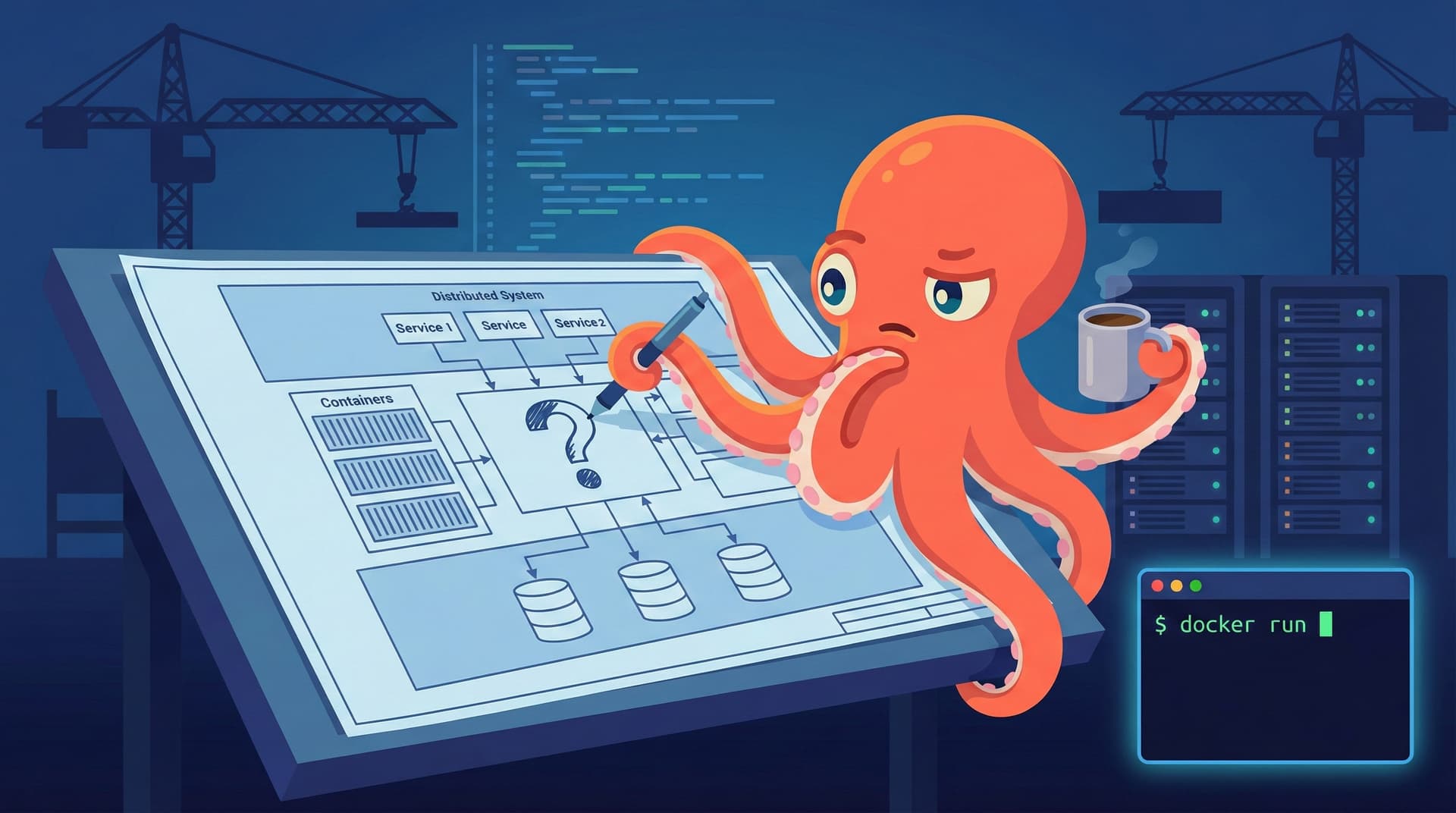 An octopus holding a blank question mark card over blueprints with a docker run terminal — building without knowing where it leads