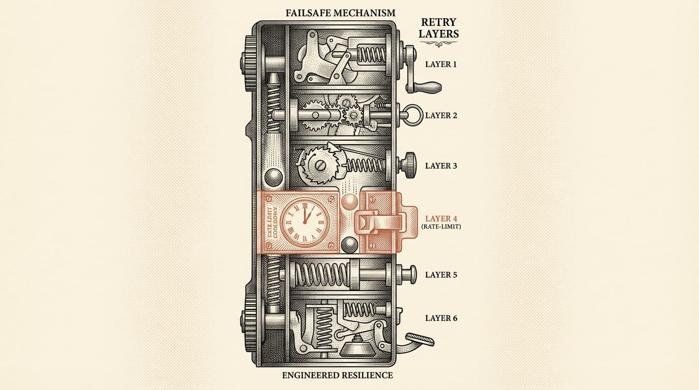 Intaglio engraving of a vertical cross-section through six mechanical safety catches stacked in a column, each with a different release mechanism — the terracotta catch in the middle has a small clock face showing one hour