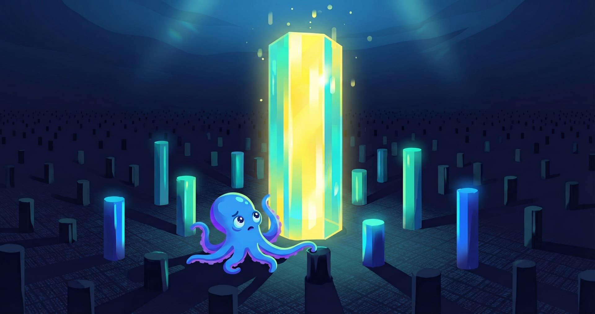 A small octopus looking up at a single glowing column among hundreds of dim ones — finding the right memory among thousands