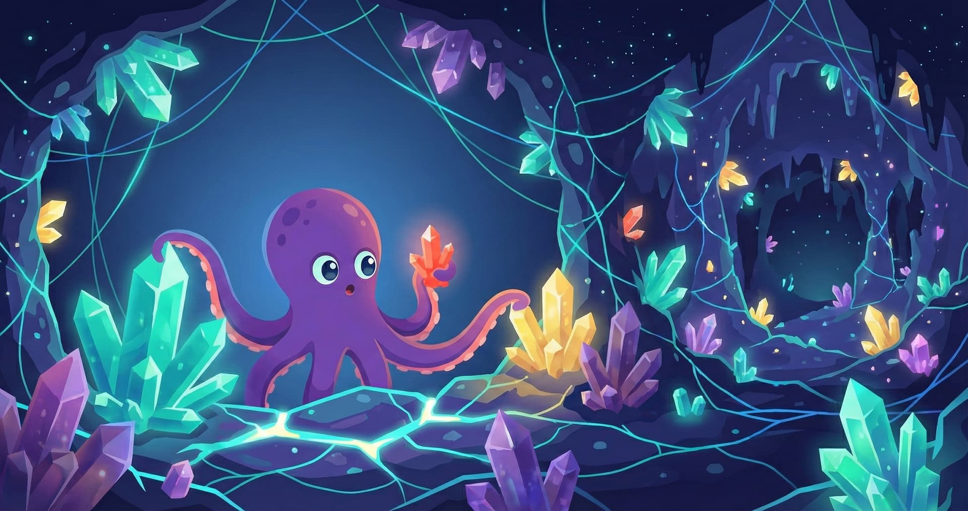 A purple octopus discovering glowing crystals in a connected cave — the learning system accumulating and linking knowledge over time
