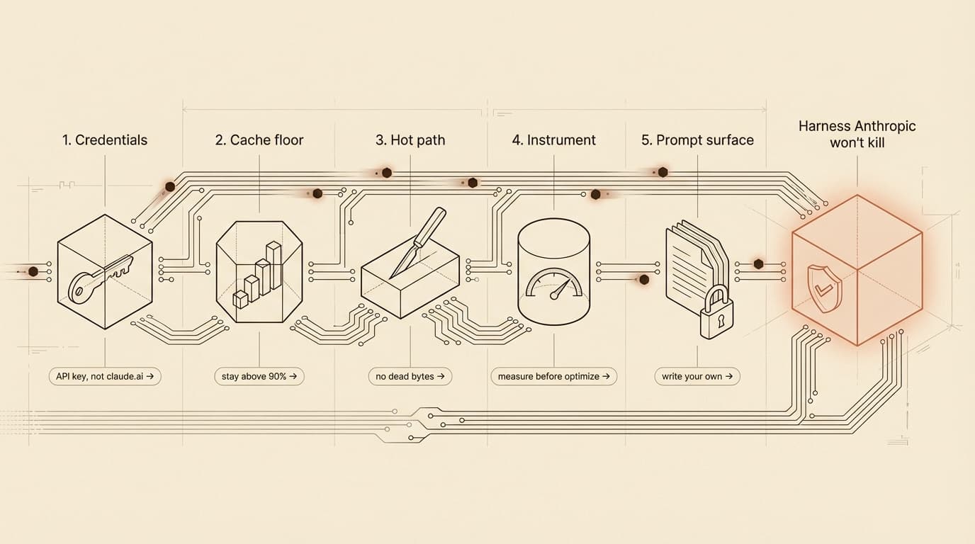 Five wireframe rule nodes connected left to right — credentials, cache floor, hot path, instrument, prompt surface — ending at a terracotta node labeled 'harness Anthropic won't kill'