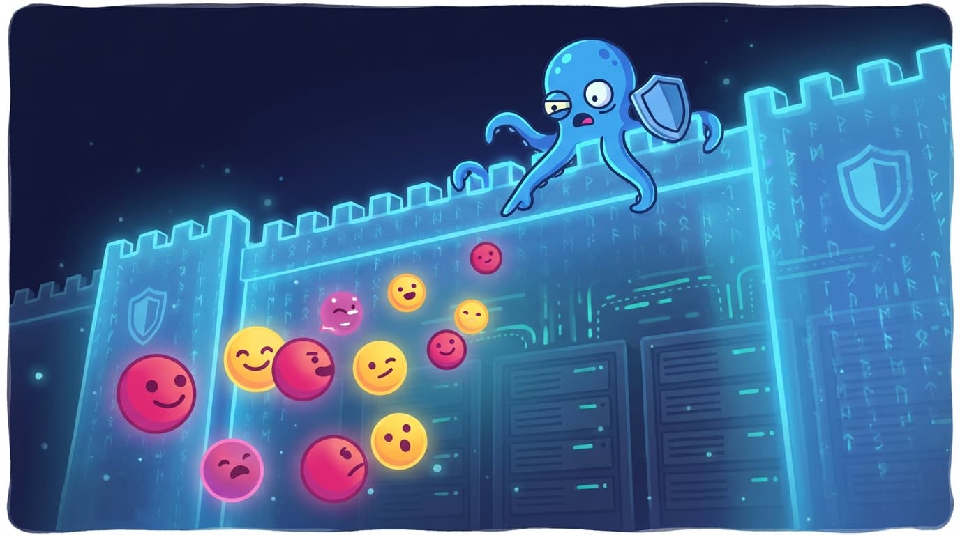 An octopus mascot surrounded by crumbling security walls, emoji characters slipping through the gaps