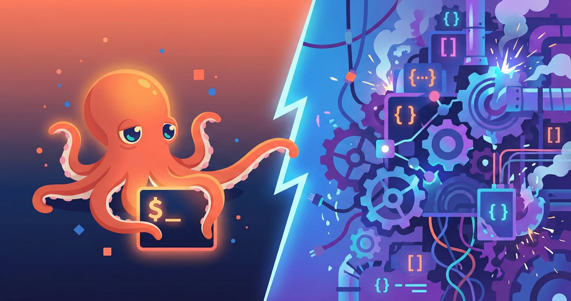 An octopus at the fork between two paths — terminal windows on the CLI side, JSON graph complexity on the MCP side