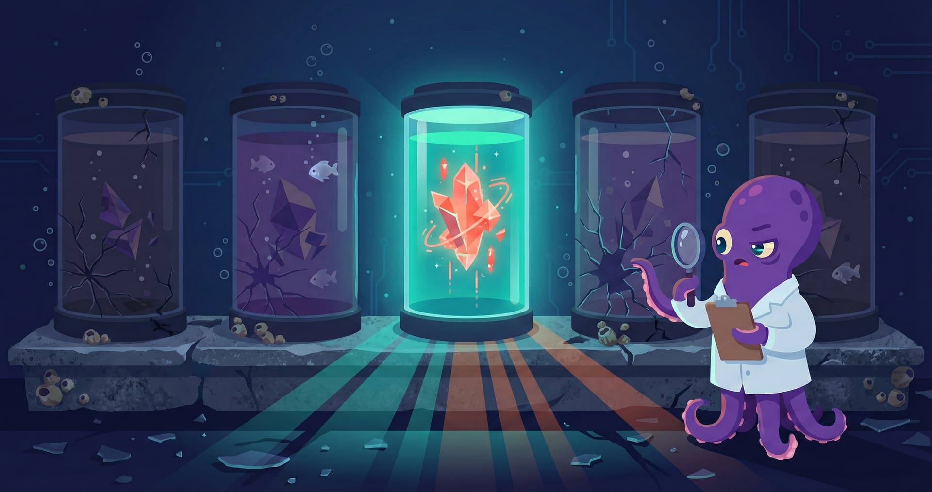 An octopus scientist examining specimen jars — four cracked and broken, one glowing with a vibrant crystal — representing the audit of five memory layers