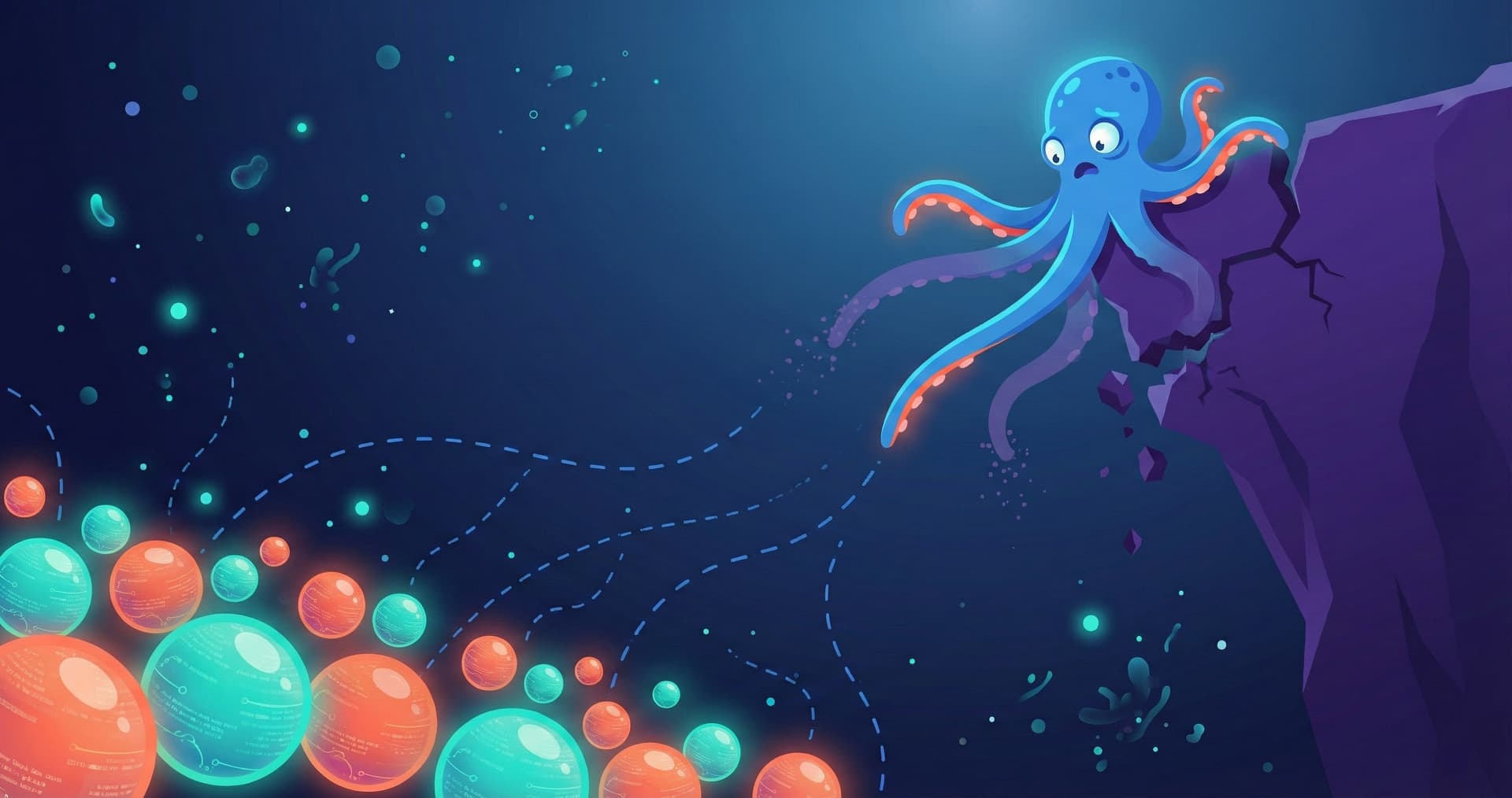 A sad octopus peering over empty theater seats at a lone presentation on a dimly lit stage — knowledge exists but nobody receives it