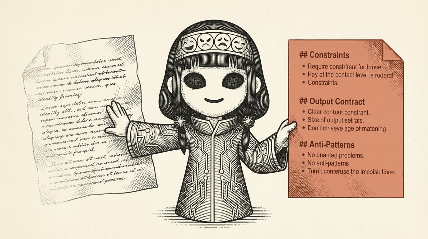 Intaglio engraving of two overlapping documents — the back page crossed out with identity-first persona text, the front page in terracotta showing structured constraint sections with clear headers and bullet points
