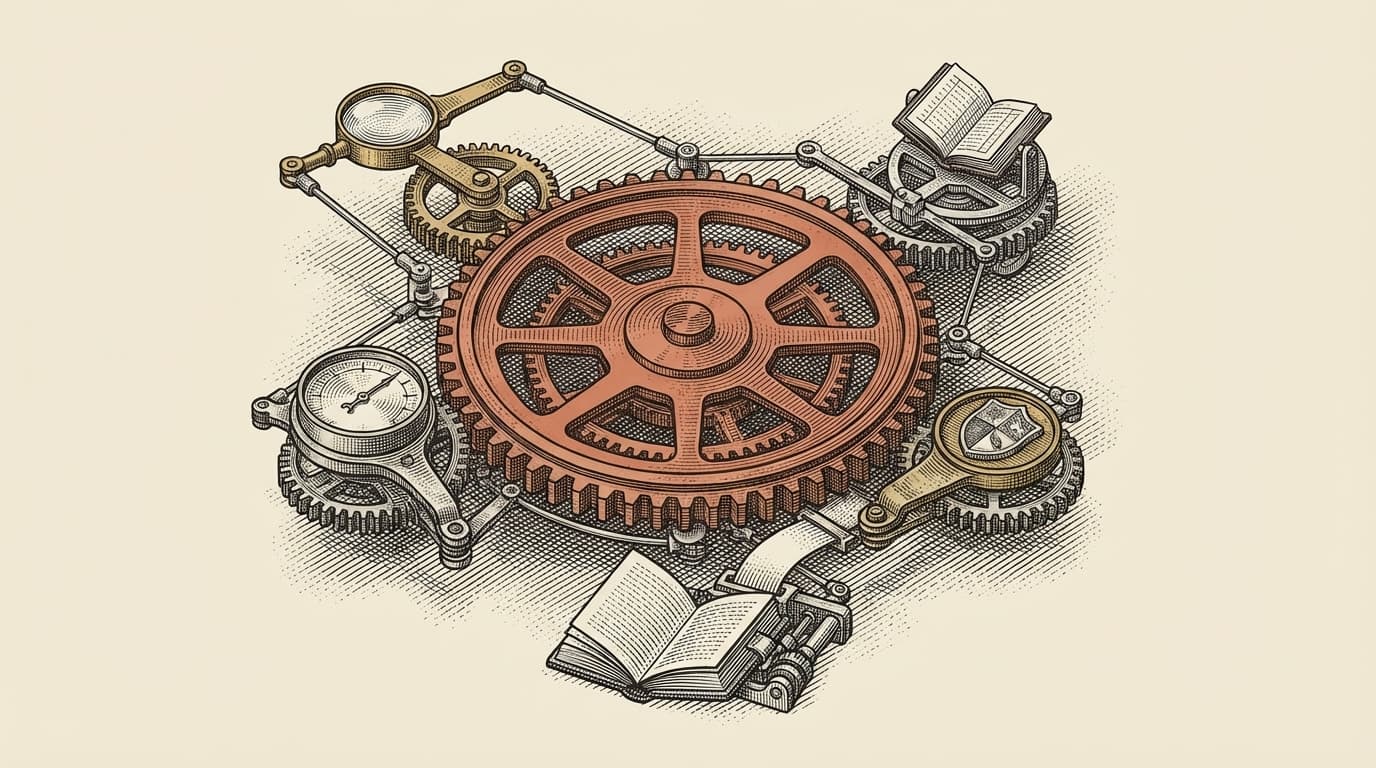 Intaglio engraving of a clockwork feedback mechanism viewed from above — four monitoring instruments arranged around a central terracotta gear, connected by fine mechanical linkages, with a small open ledger below receiving output