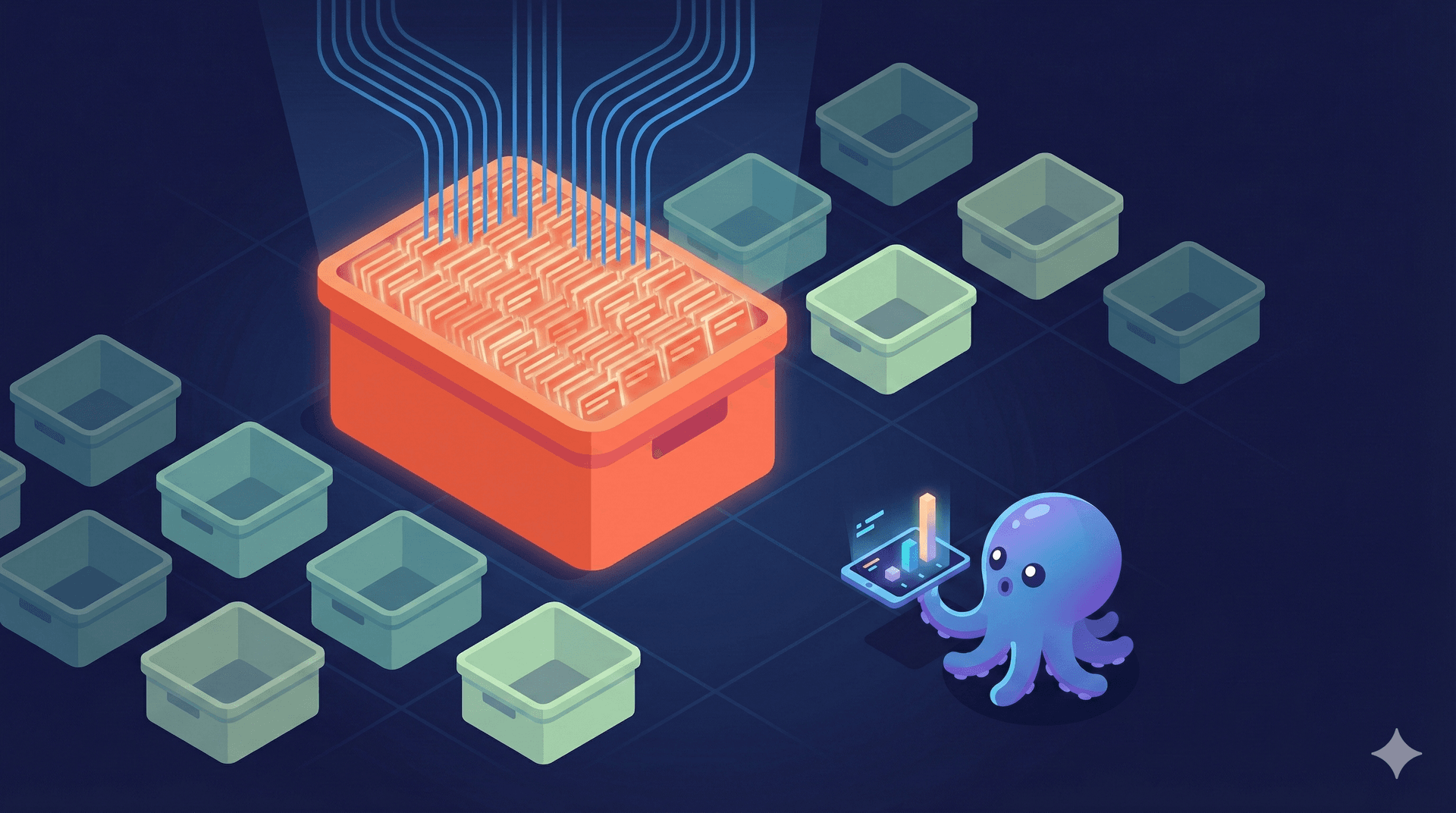 An octopus staring at analytics on a tablet while one overflowing red box towers over rows of empty containers — persona assignment imbalance visualized