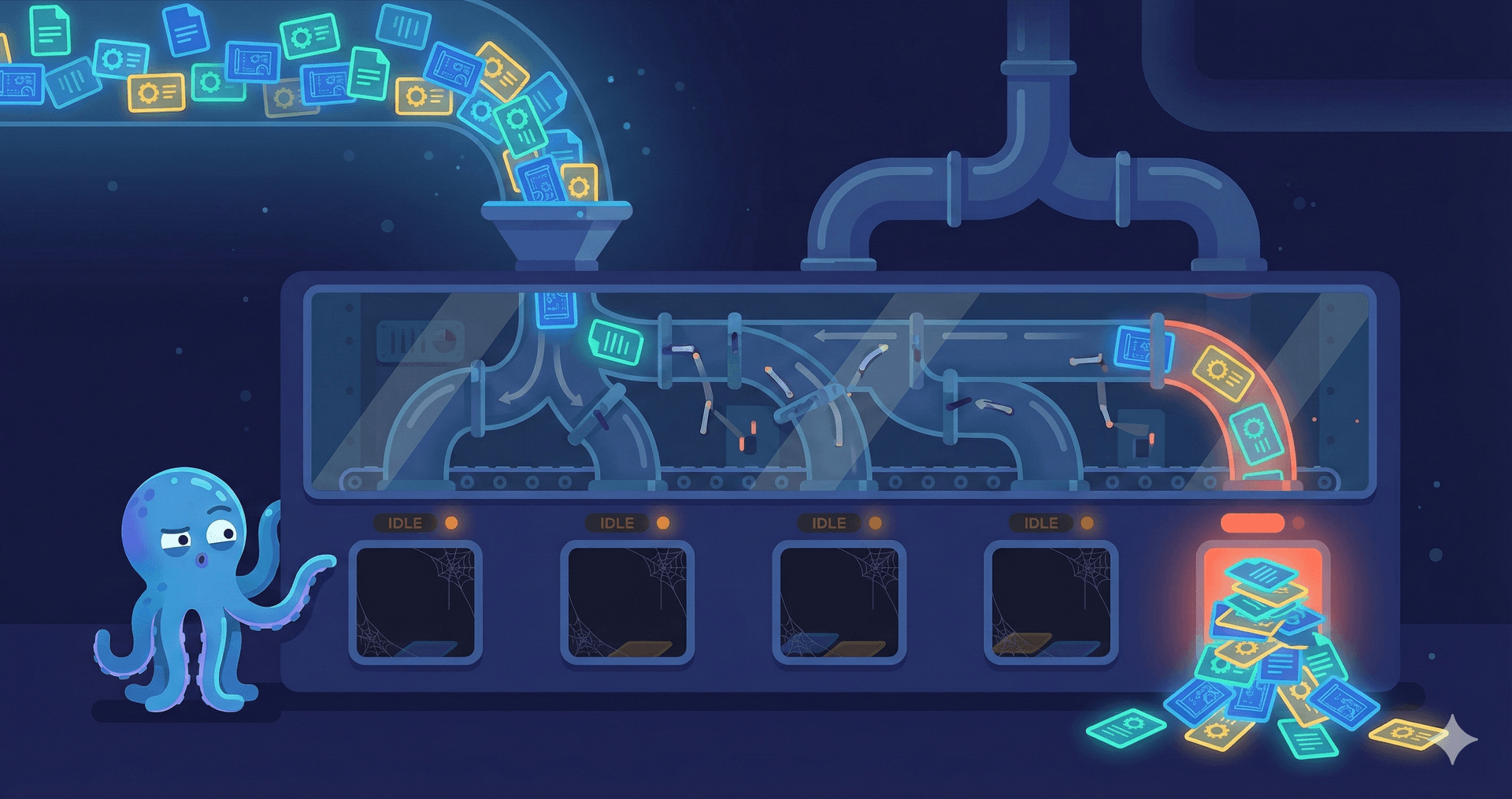 A sorting machine funneling diverse task cards through a single overheated output chute while four other exits sit idle — the routing mechanism that produces persona bias