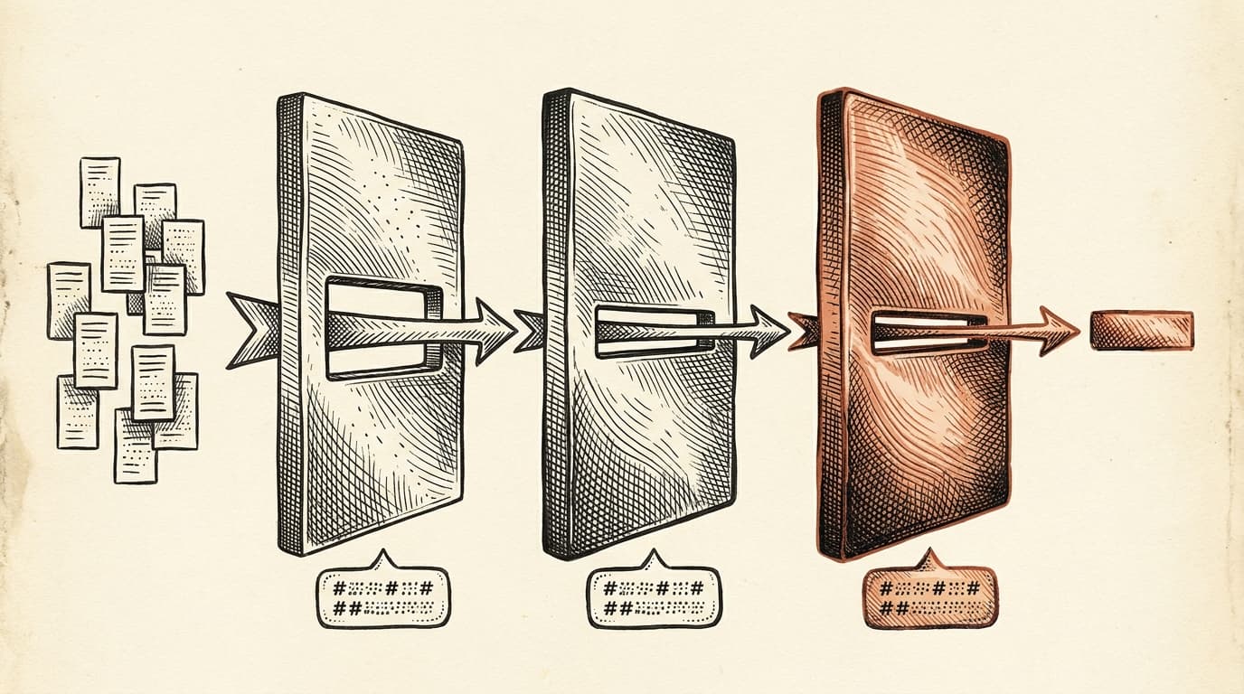 Intaglio engraving on cream paper: three vertical filter gates arranged left to right with arrows of flow between them. The leftmost shows the widest slot, accepting raw transcript files. The middle gate has a narrower slot. The rightmost gate has the narrowest slot of all three, rendered in terracotta to mark it as the final cosine-similarity dedup. A single surviving learning row exits to the right, also rendered in terracotta, matching the gate it just passed through.