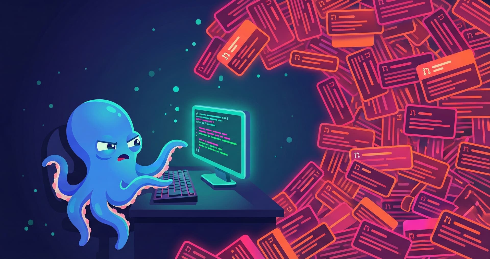 A blue octopus at a desk overwhelmed by a tidal wave of glowing pink PR cards — the volume problem of AI-generated code