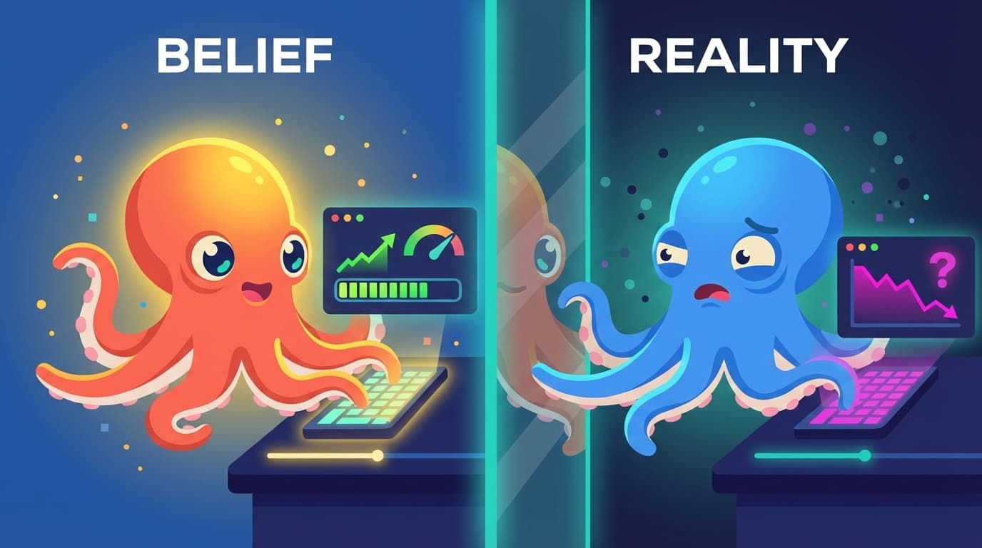 Belief vs reality — a coral octopus with rising metrics on the left, a blue octopus with falling metrics on the right, split by a glass divide