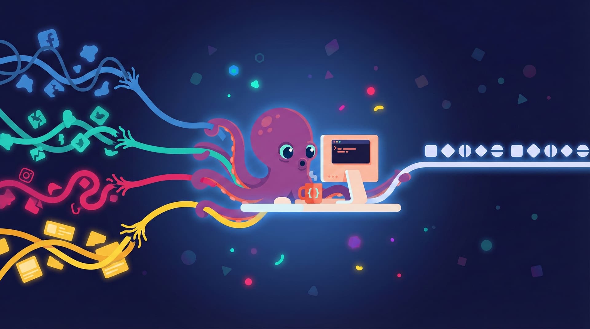 An octopus with four tentacles each grasping a different colored cable — Facebook, Twitter, Instagram, WordPress — converging into one clean output stream