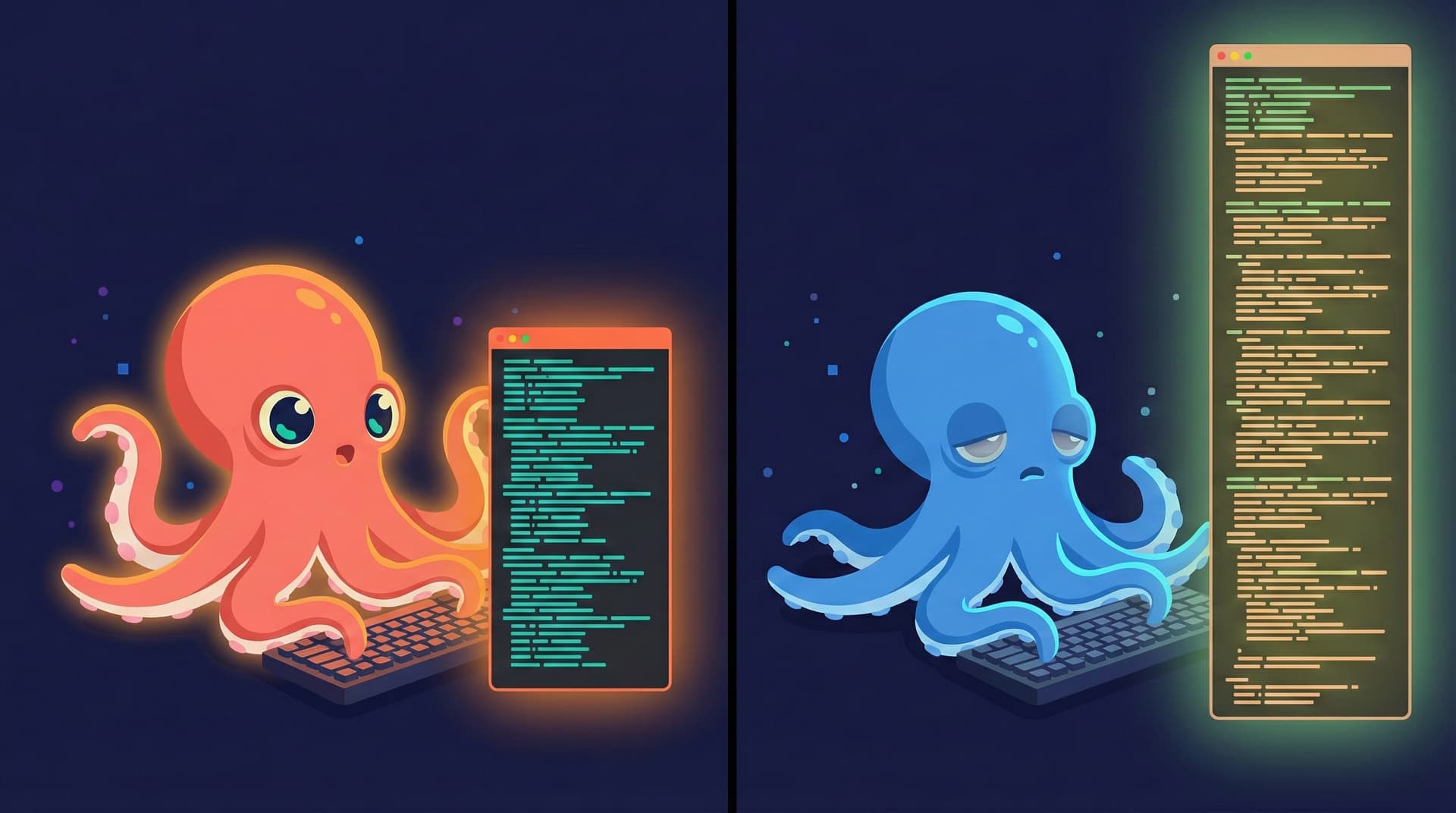 Two octopuses side by side — one coral and engaged, coding with purpose; the other blue and drained, typing mechanically at a glowing screen