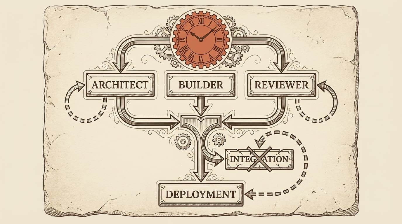 Intaglio engraving of a dependency graph etched in stone: three parallel work channels feeding into a merge point, retry arrows on failing nodes, skip arrows bypassing blocked paths, governed by a terracotta mechanical clock at the top