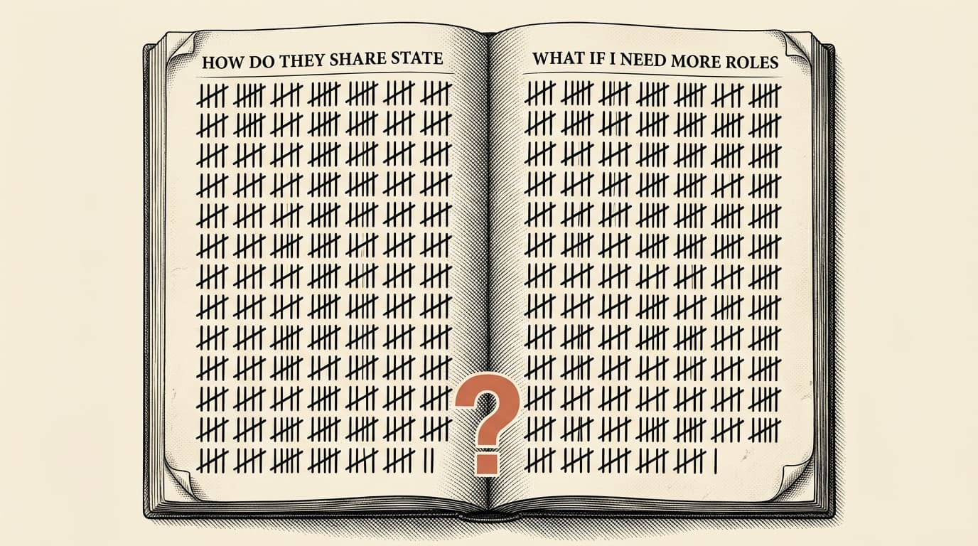 Intaglio engraving of an open ledger with two tally columns — 'how do they share state' and 'what if I need more roles' — both converging to a terracotta question mark at the bottom