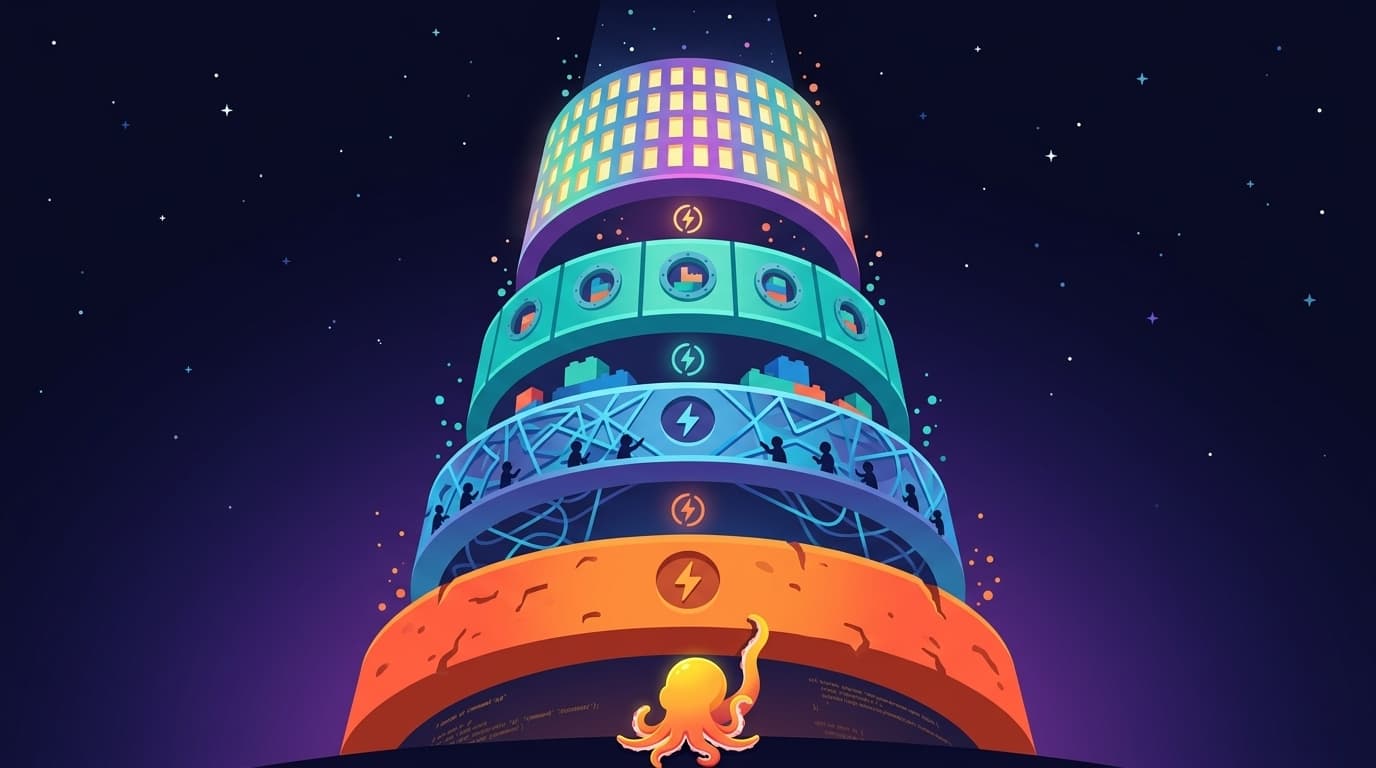 Worm's-eye view of a towering generational column with four stacked rings — bash, swarm, Go CLI, Skill Engine — each containing the same lightning bolt symbol at its center. Tiny yellow-state mascot at the base, looking up at the principle that survived every rewrite.