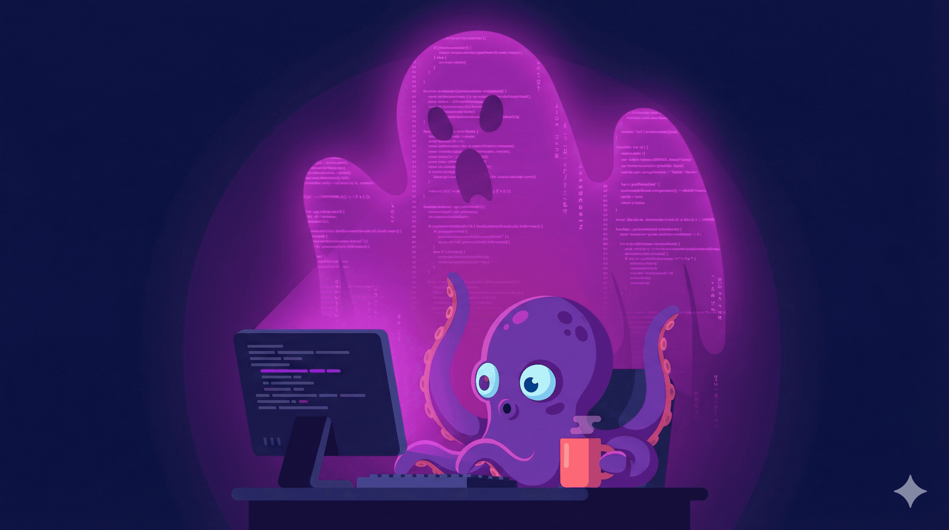 A purple octopus at a computer, dwarfed by the ghost of legacy code looming behind it — the gravity well of context files