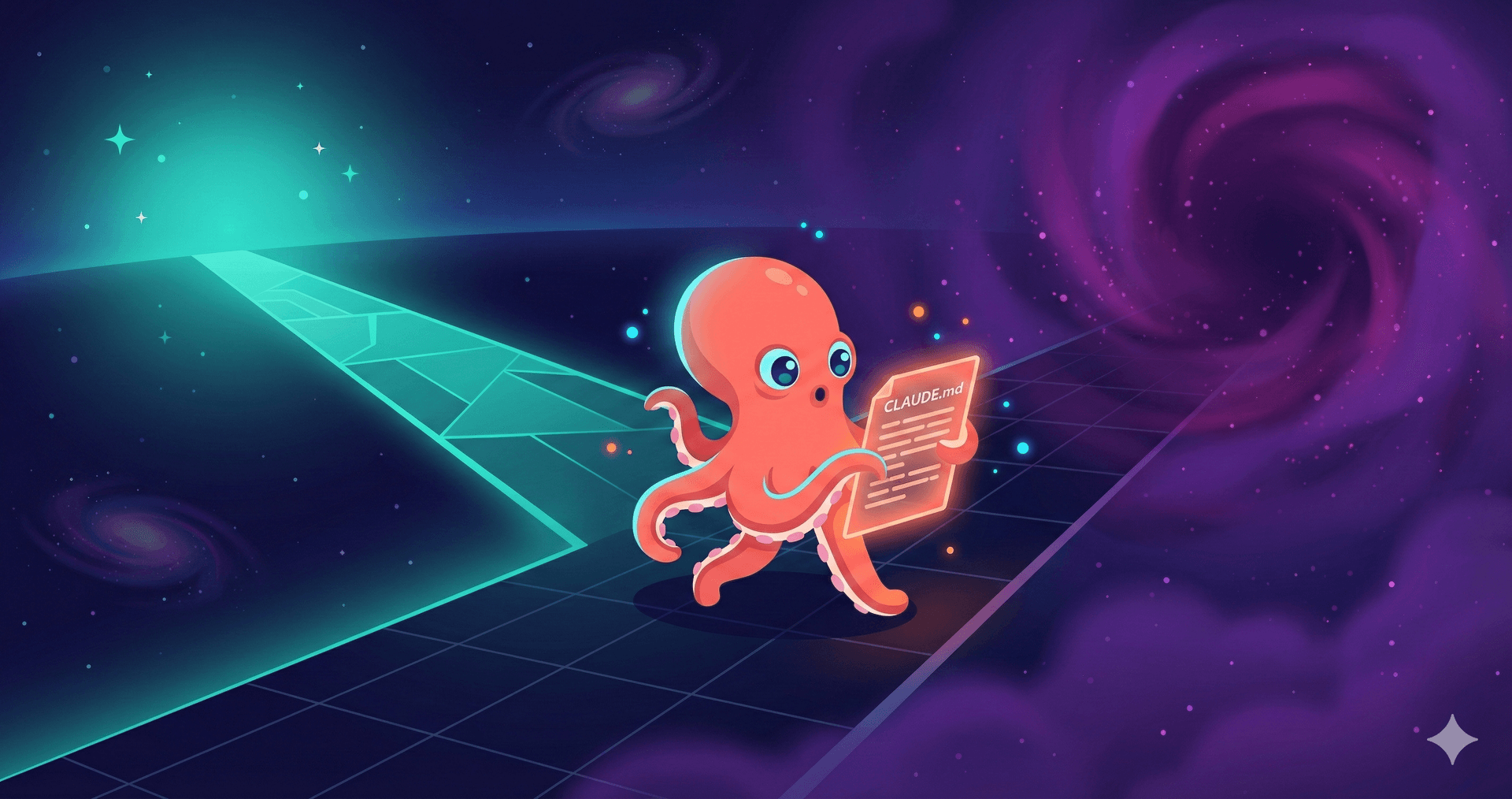 An octopus walking along a glowing path through space, holding a CLAUDE.md document — navigating between order and chaos