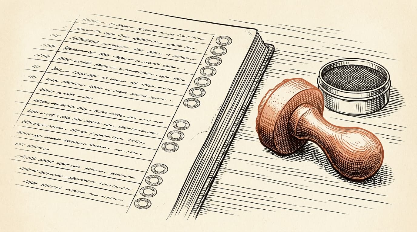 A ledger page with rows of handwritten entries, most marked with a small citation stamp in the margin. Three rows are conspicuously unmarked. A terracotta rubber stamp with wooden handle rests on the desk beside the ledger, ready.