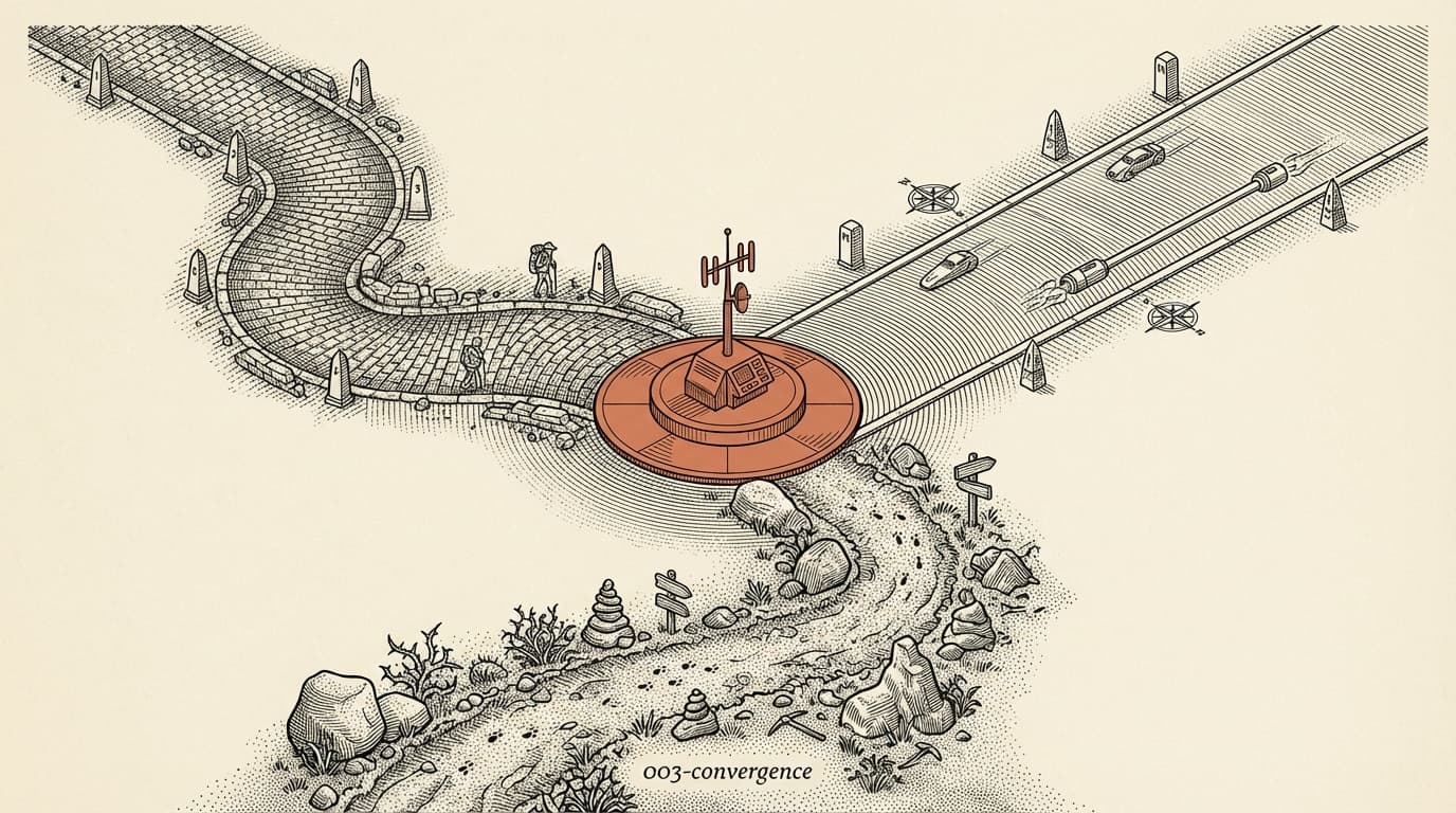 Three separate paths through engraved terrain all arriving at the same terracotta terminal, viewed from above