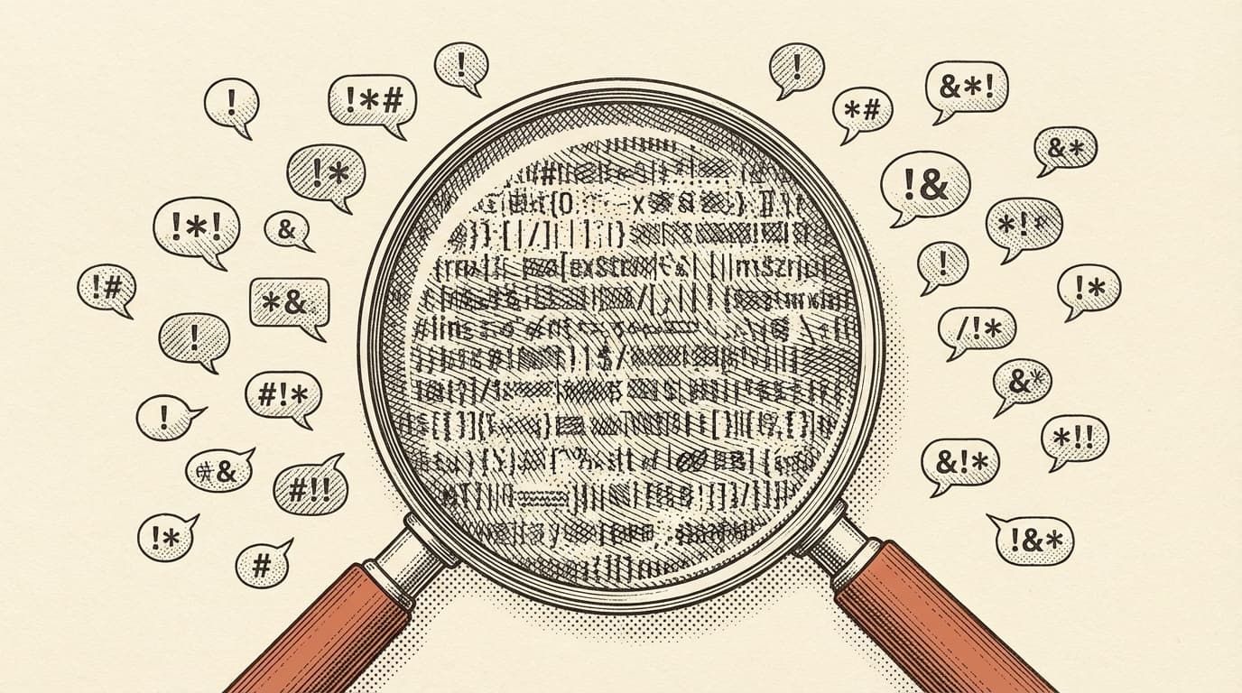 A magnifying glass hovering over lines of engraved regex patterns, with a terracotta exclamation mark as the focal point