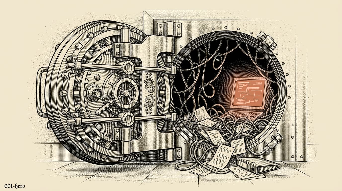 A cracked-open vault door reveals tangled wires and messy code printouts spilling out, a single terracotta terminal glowing among the chaos