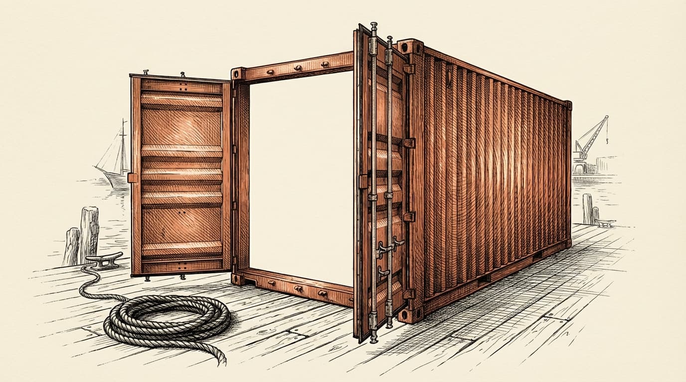 An intaglio engraving of an open shipping container on a dock, completely empty inside, with a terracotta clipboard lying on the floor of the container — the infrastructure arrived, the agent didn't