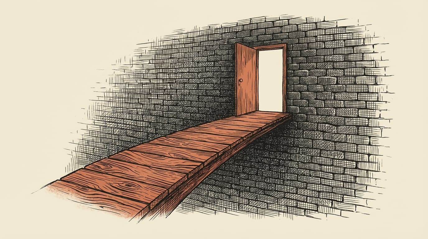 An intaglio engraving of a simple wooden ramp leading up to a tall brick wall, with a terracotta door at the top of the ramp that opens onto nothing — the easy on-ramp stops at the hard part