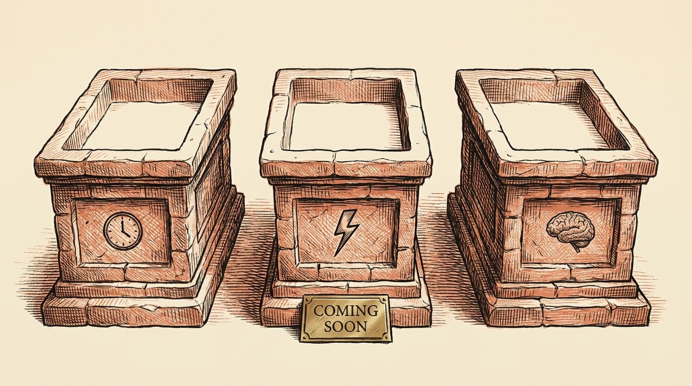 Three empty engraved pedestals in a row, each with a faint label — a clock, a lightning bolt, and a brain — all absent, with one terracotta plaque reading COMING SOON leaning against the middle pedestal