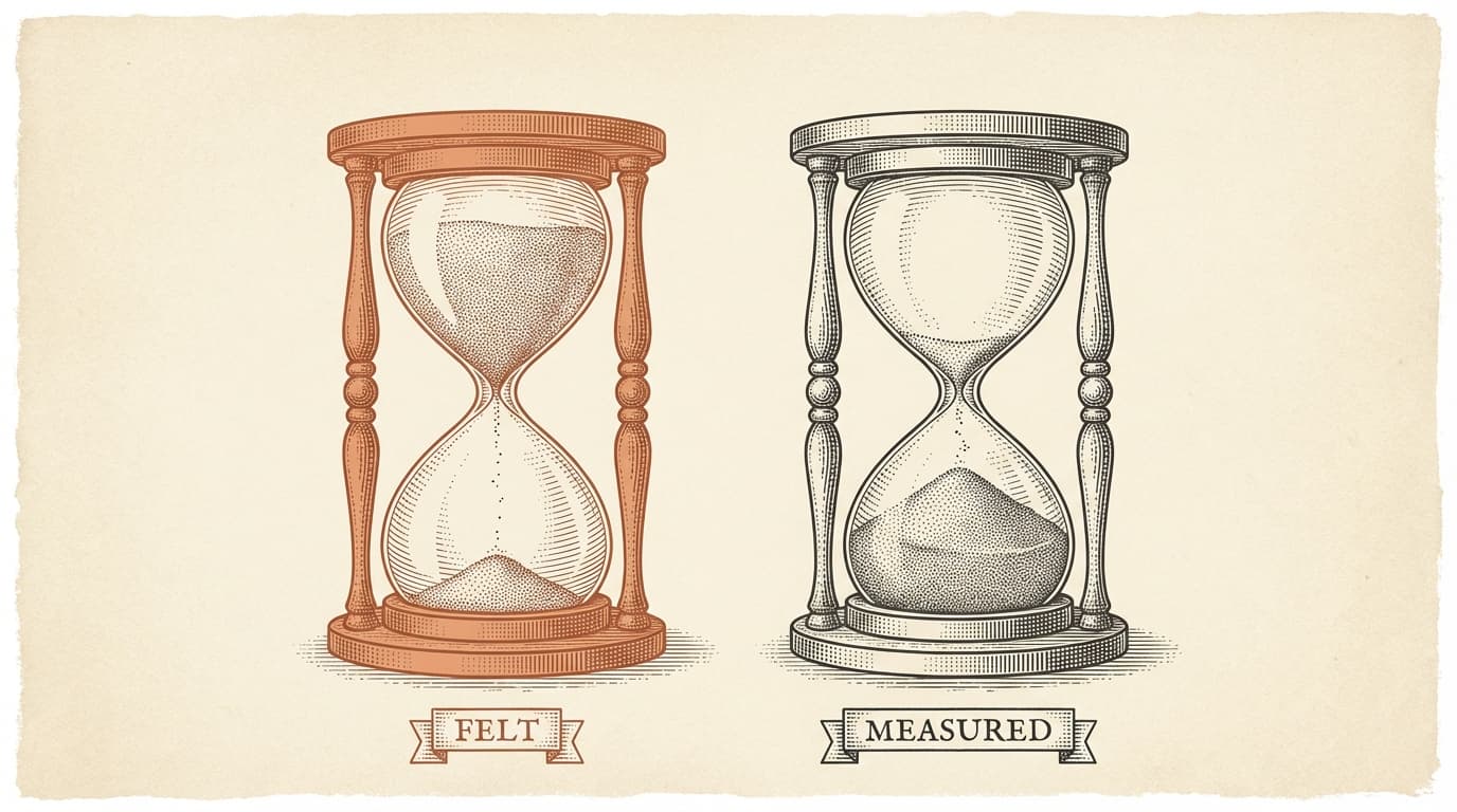 Intaglio engraving of two hourglasses side by side — one labeled FELT with sand barely fallen, the other labeled MEASURED with sand nearly spent. Terracotta hourglass frame, cream paper.