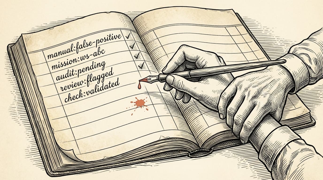 An intaglio engraving of an open accounting ledger — one row being overwritten with fresh terracotta ink, another hand holding a guard clause stopping the pen before it reaches entries that already have values written in