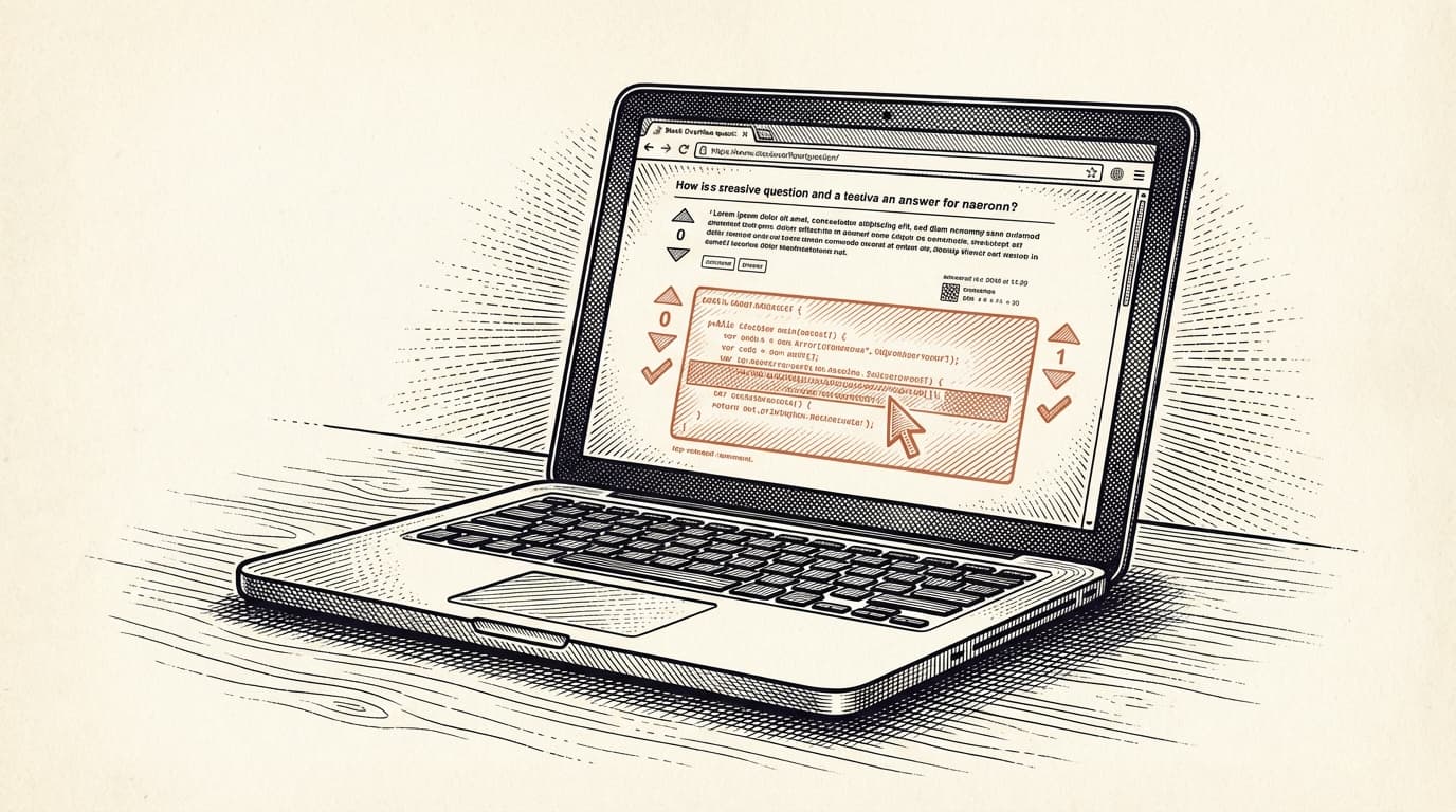 An intaglio engraving of a laptop screen open to a Stack Overflow answer, the top-voted reply highlighted in terracotta, a cursor mid-copy — the shipping-unread-code workflow that predates any LLM