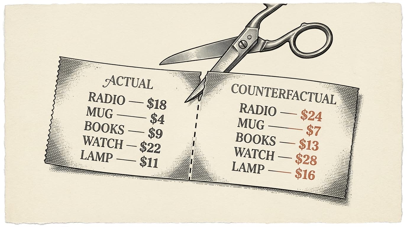 Intaglio engraving on cream paper: a long printed receipt split by a vertical perforation. The left column labeled ACTUAL shows line items at lower prices in pure cream-and-black engraving. The right column labeled COUNTERFACTUAL shows the same line items at higher prices, each higher price rendered in terracotta. A pair of scissors hovers above the perforation, mid-cut, removing the counterfactual column before the receipt reaches the buyer.