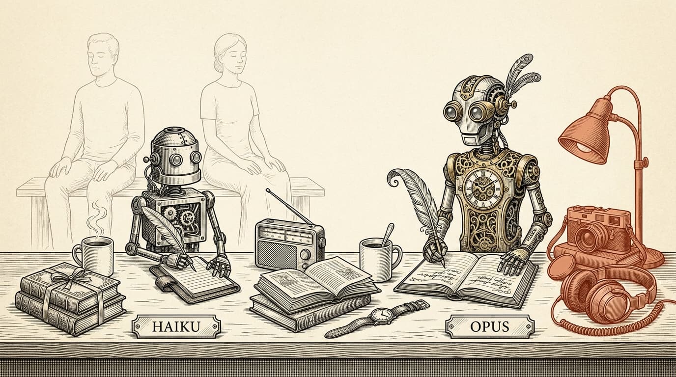 Intaglio engraving on cream paper: two small mechanical scribe figures face each other across a long counter, the smaller one labeled HAIKU and the taller one labeled OPUS. The OPUS scribe's pile of just-sold items, stacked beside it, is rendered in terracotta — the single focal color. Two human silhouettes sit far behind the counter, eyes closed, unable to see the negotiation in progress.