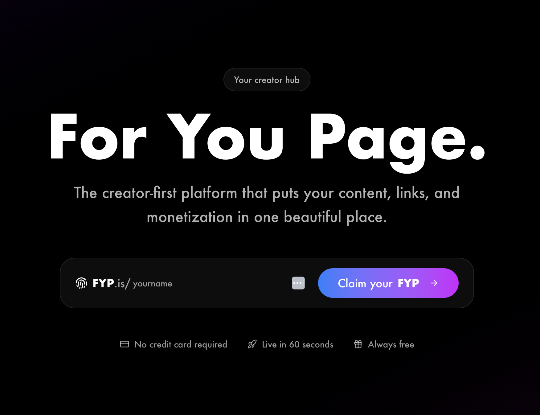 FYP Creator Platform main dashboard showing profile management interface