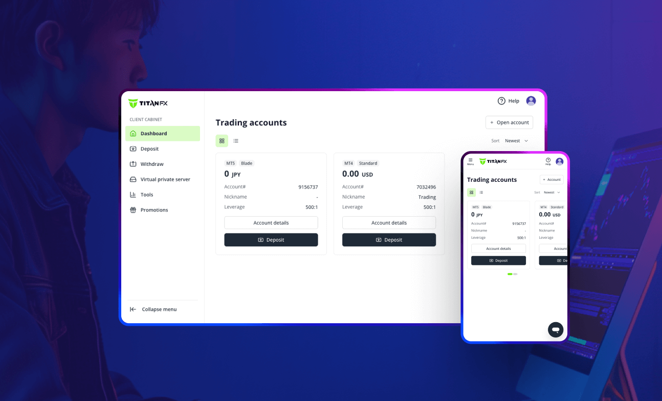 TitanFX modern dashboard interface showing responsive design across desktop and mobile